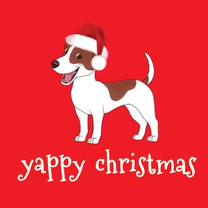 Puede incluir: Un perro blanco y marr&oacute;n con un gorro de Pap&aacute; Noel rojo con un pomp&oacute;n blanco sobre un fondo rojo. El texto "yappy christmas" est&aacute; escrito debajo del perro.