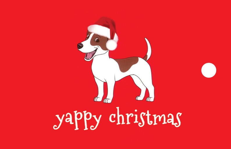 Puede incluir: Un perro blanco y marr&oacute;n con un gorro de Pap&aacute; Noel rojo con un pomp&oacute;n blanco sobre un fondo rojo. El texto "yappy christmas" est&aacute; escrito debajo del perro.