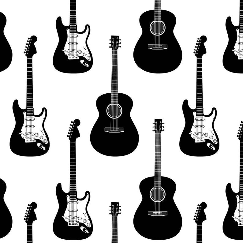 May include: A repeating pattern of black guitars on a white background. The image features both acoustic and electric guitars, including classic shapes and designs. The guitars are silhouetted, creating a bold, graphic look.