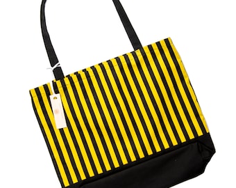 Tote Bag, Shopping Bag, Beach Bag-Handmade Eco-friendly Washable Bag. Women's tote bag with handles-Yellow/Black Stripes-TB14