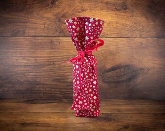 Reusable, Washable Eco-friendly Christmas Fabric Bottle Gift Bag. Red/Gold Stars Christmas Bottle Gift Bag. Ideal for Wine