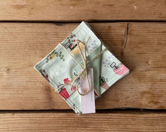 Reversible Fabric Coasters - Handmade Coasters-Cotton Mug Coasters. Garden Design Set of 6. COAST-10