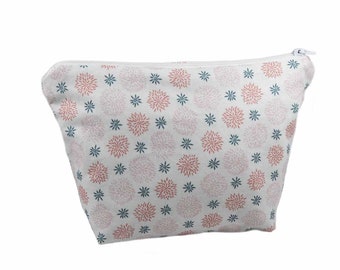 Unique Handmade Cotton Cosmetic Bag. Pretty Pink/Blue Flowers on a White Background. Limited Edition - UCB62