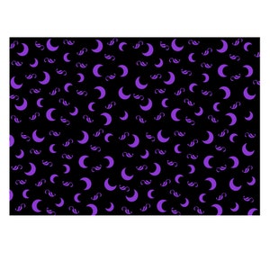 May include: A black background with a repeating pattern of purple crescent moons and swirls.