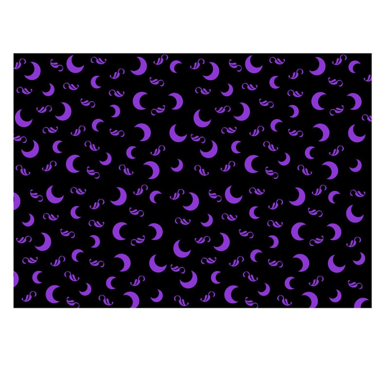 May include: A black background with a repeating pattern of purple crescent moons and swirls.