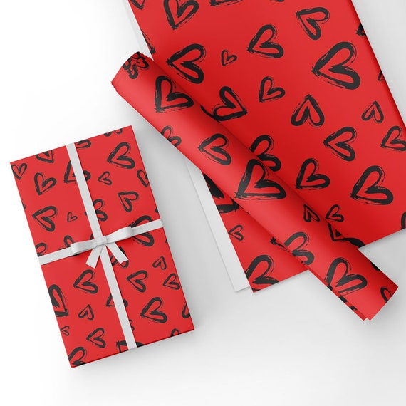 Unique High Quality Black Heart Style Gift Wrapping Paper-red Background.  Size A3 GP-245 