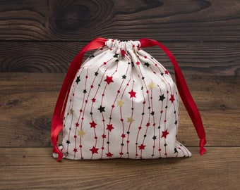 Reusable Eco-friendly Christmas Gift Bag Small. Gold/Red & Green Stars-FGB18