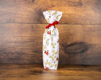 Reusable, Washable Eco-friendly Christmas Fabric Bottle Gift Bag. Santa & Reindeers Bottle Bag. Ideal for Wine, Champagne