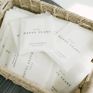 Paquetes de pañuelos de papel para bodas Happy Tears / Papel glassine 100 % biodegradable / Bolsas de pañuelos de papel vacías para bodas / Confeti personalizado para bodas
