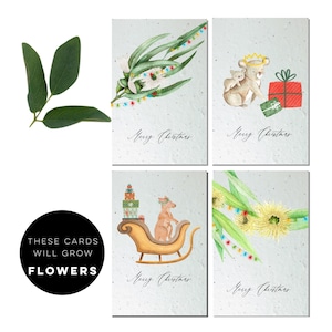 Jeu de 4 cartes de Noël à planter | Carte durable | carton à planter |papier semence | Cartes de Noël australiennes | cartes écologiques | voeux