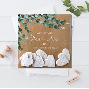 Plantável Salve a data - papel semente, salve a data - Guirlanda floral, salve a data - Personalizado, salve a data - Rústico, salve a data - semente de coração plantável