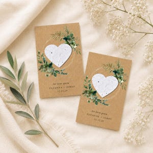 Hart trouwbedankjes plantbaar zaadpapier | Gepersonaliseerde pakketjes wilde bloemen | Milieuvriendelijke cadeaus voor bruiloftsgasten | Wilde bloemzaden