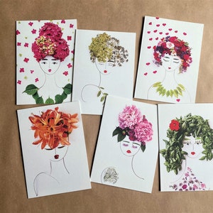 Cartes de voeux florales. Cartes de remerciement botaniques pour femmes. Cartes de voeux. Jeu de six cartes. Cartes à encadrer.
