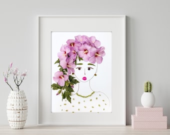 KATI • Botanical Portrait of a Floral Lady Art Print. Floral wall decor. Hibiscus plant