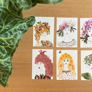 Nous, les reines. Ensemble de six cartes. Portraits botaniques d’une plante florale dames. Cartes de vœux botaniques.