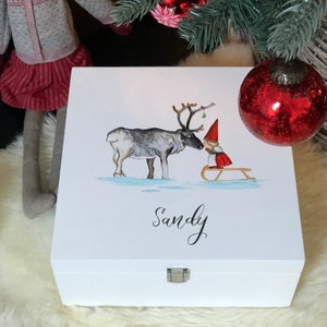 Hand Painted, Personalised, Wooden Keepsake Box | Reindeer and Elf