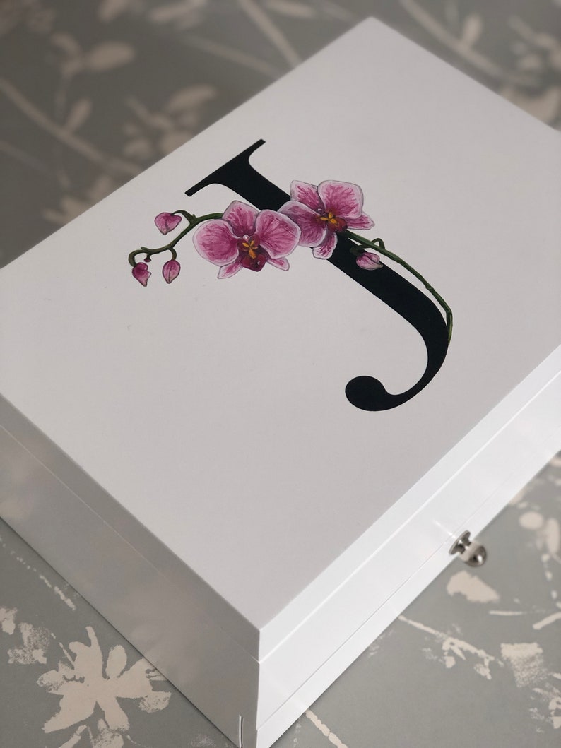 Hand Painted Wooden JewelleryJewelry Box With an Orchid Design.