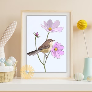 Impresión artística de Wren on Cosmos / Pájaro / Obra de arte en gouache / Impresión giclée / A5 A4 A3 A2 A1 / Pared de galería / Póster de flora y fauna / Naturaleza / Vida silvestre