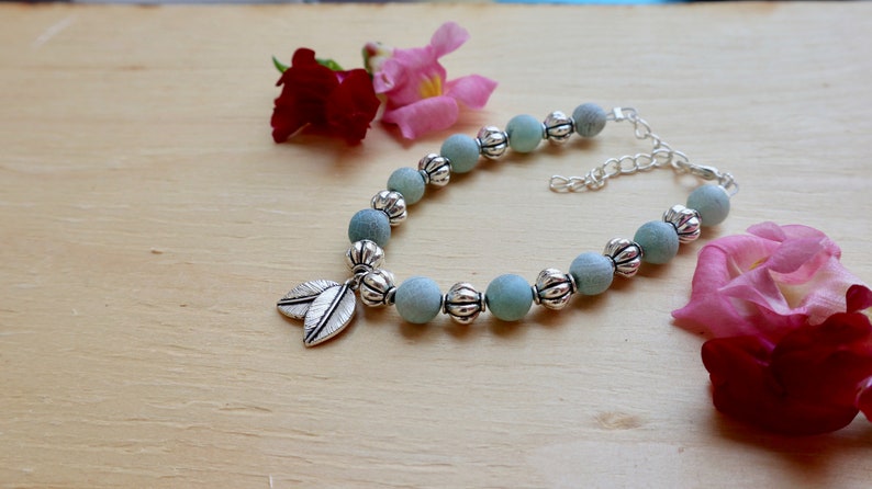 gift for girlfriend charm bracelet Leaf charm bracelet blue beaded bracelet unique present nature lover gift boho jewelry gypsy