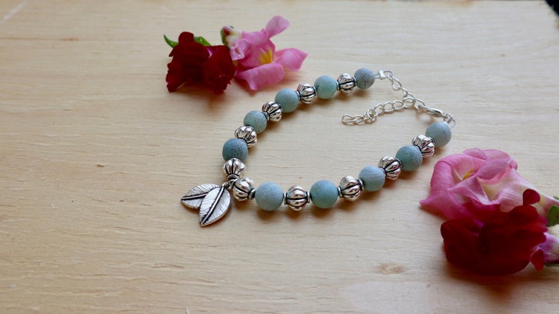 gift for girlfriend charm bracelet Leaf charm bracelet blue beaded bracelet unique present nature lover gift boho jewelry gypsy