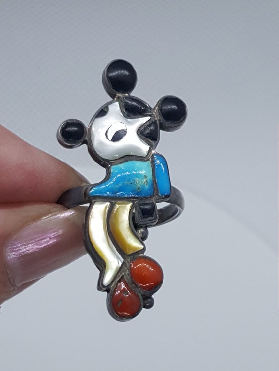 Vintage Zuni Mickey Mouse Ring, Inlay Stones, Zuni