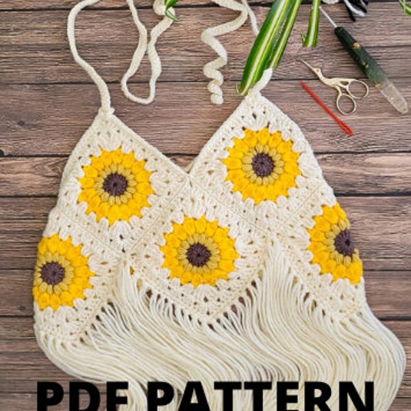 The Rays of Sunshine Halter ADULT SIZES PDF Crochet Pattern | Sunflower Top | Boho Fringe Shirt |