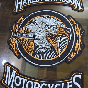 Harley orange eagle 30cm Large iron on sew on embroidered patches set