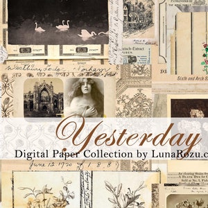 May include: A digital paper collection titled "Yesterday" by LunaRozu.co. The collection features vintage images, including a woman in a dress, a church, and floral illustrations. The text "June 12, 1920 188" is also included.