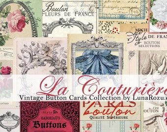 La couturière - Vintage Button Cards - French - Floral - Junk Journals - Printable - Digital Download