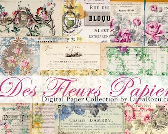 Des Fleurs Papier Digital Kit - Vintage Floral - French - Receipts - Invoices - Junk Journal Papers - Digital Download - Printable