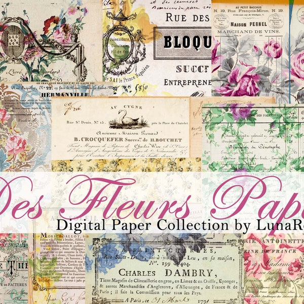 Des Fleurs Papier Digital Kit - vintage Floral - Français - Reçus - Factures - Junk Journal Papers - Téléchargement numérique - Imprimable