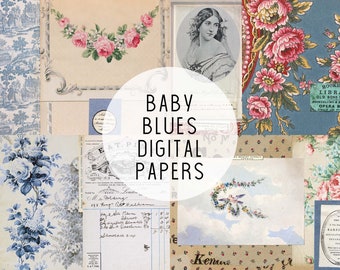 Baby Blues - Vintage Floral Blue Pink French British themed Journal Papers - Digital Download