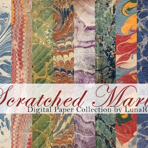 Puede incluir: Colección de papel digital con un diseño de mármol rayado. Los papeles presentan una variedad de colores y patrones, incluyendo remolinos, vetas y texturas. El texto "Scratched Marble" se muestra en una fuente decorativa.