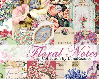 Notas florales - Etiquetas florales vintage - Tarjetas de diario - Imprimibles - Digitales