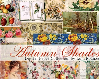 May include: A digital paper collection titled "Autumn Shades" by LunaRozu.co. The collection features a variety of autumn-themed designs, including floral patterns, landscapes, and vintage illustrations. The papers are ideal for scrapbooking, card making, and other craft projects.