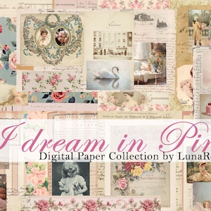 I dream in Pink - Romantisch - Mooi - Cupido - Digitale papieren - Vintage bloemen - Junk Journal - Digitale download - Afdrukbaar