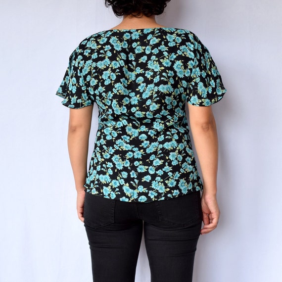 90s black and blue floral chiffon reversible blou… - image 2