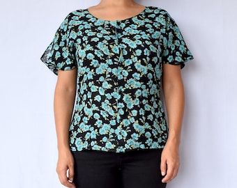 90s black and blue floral chiffon reversible blouse size small