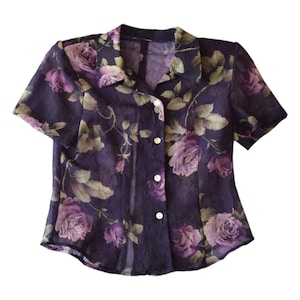 Vintage 80s Sheer Dark Purple Floral Button Up Shirt - Large