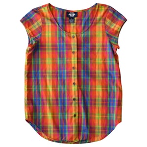 Retro Small Size Colorful Plaid Button Up Shirt for Women - Short Sleeve Vintage Top