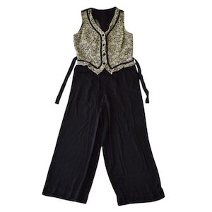 Vintage 90s Black Floral Tapestry Brocade Vest Jumpsuit Size Medium