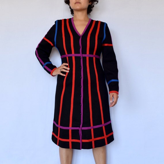 80s knits by don vintage black striped wool butto… - image 1