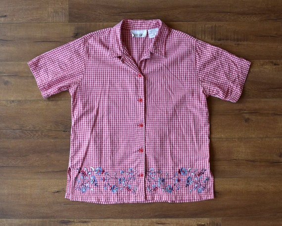 90s red plaid button down embroidered shirt - image 1