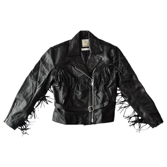 Blouson Moto Vintage à Franges En Cuir Noir Véritable - Taille Petit Pour Femme, Occasion En Très Bon état