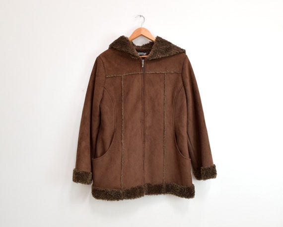 90s Vegan Suede Shearling Jacket Women XL