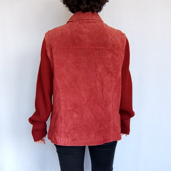 y2k red suede leather knit sleeves jacket plus si… - image 10