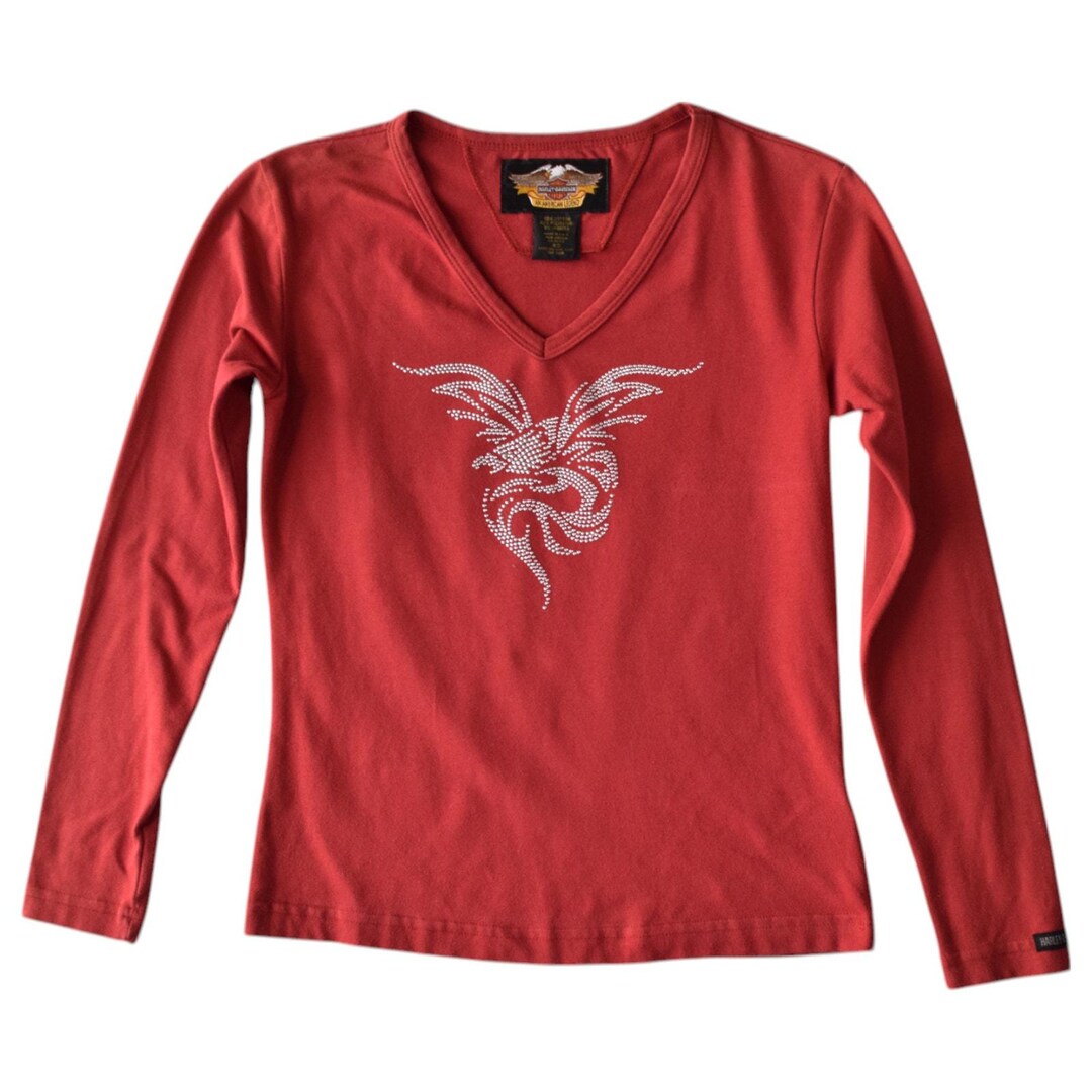 Y2K Harley Davidson Embellished Dragon V-neck Long Sleeve
