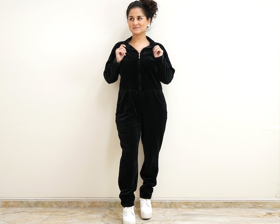 80s Black Velvet Jumpsuit Size Petite