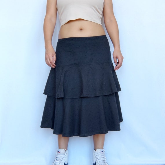 90s Black Eyelet Cotton Low Rise Tiered Skirt - S… - image 1