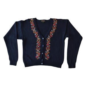 Vintage 80s Navy Blue Knit Cardigan Sweater with Floral Embroidery - Size Small